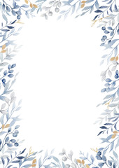 Obraz premium A watercolor frame with dusty blue flowers and leaves.