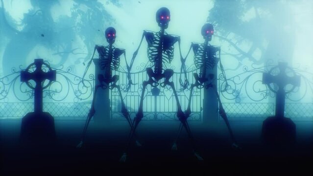 Dancing skeletons in the cemetery at night. Skeletons with red burning eyes in a graveyard in the fog. Halloween concept.