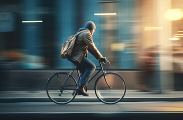 cyclist in traffic on the city roadway motion blur bicycle sunrise