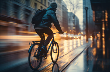 cyclist in traffic on the city roadway motion blur bicycle night
