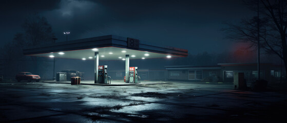 Horizontal shot of a generic unbranded gas station at night - Powered by Adobe