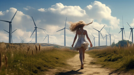 Woman electricity back nature wind run technology