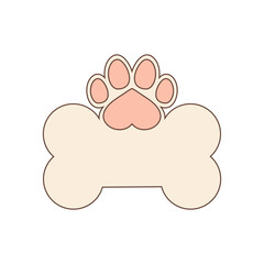 Heart shaped dog paw print and big dog bone with space for text. Vector design template. Isolated on blank white background.
