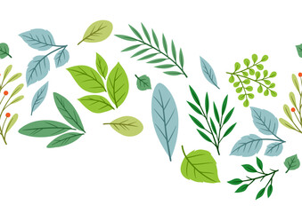 Seamless pattern of sprigs with green leaves. Decorative natural plants.