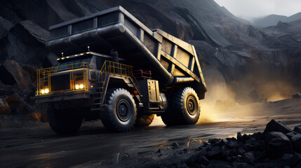 Large quarry dump truck. Big yellow mining truck at work site.
