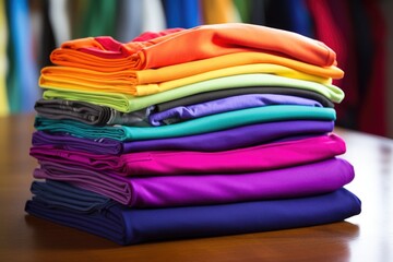 stack of vibrant racer-back tank tops on table