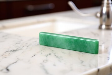 close-up of a green allergy wristband on a marble countertop