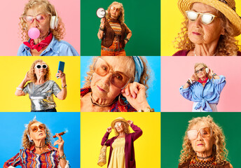 Collage made of portraits of beautiful senior woman warning different stylish clothes against multicolored background. Concept of human emotions, fashion, elderly people, lifestyle, creativity. Ad