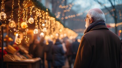 Elderly gentleman is standing in vibrant Christmas market. Old man looking to festive decorations, twinkling lights, and holiday ornaments that add a magical touch to the market. Winter season vibe. - obrazy, fototapety, plakaty
