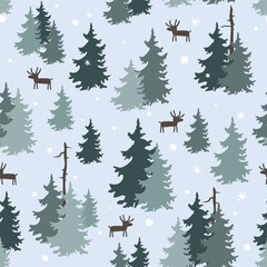 Fir-trees wood silhouettes in snow. Wild hand drawn winter forest with deer. Seamless vector graphic pattern.