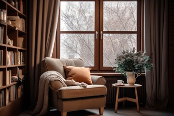 Fototapeta premium a tranquil home library with a comfortable armchair near a window