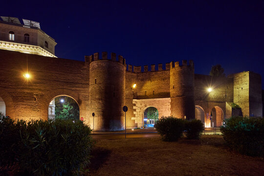 Night view of Porta Pinciana, gate of the roman Aurelian Walls in Rome, Italy