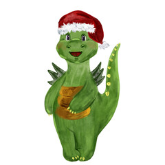 Watercolor isolated illustration of a cute green dragon in a Christmas cap, dino symbol of 2024, hand drawn New Year symbol, dragon baby