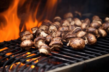 close-up of an iron grill grating mushrooms over flames