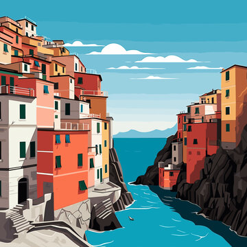 simple flat 2D illustration, hand drawn, cinque terre, italy. Beautiful view on the cinque terre coastline with typical Italian houses. Amazing Cinque terre. Tourist destination, travel destination. A