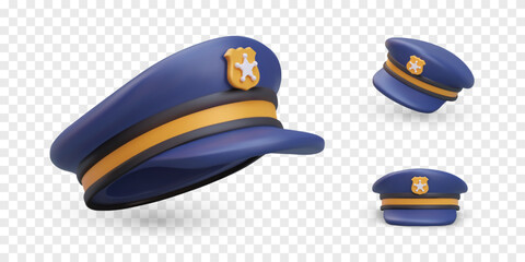 Set of blue rounded police caps with cockade. Realistic policeman uniform headgear. Vector object, view from different sides. Illustrations for web design