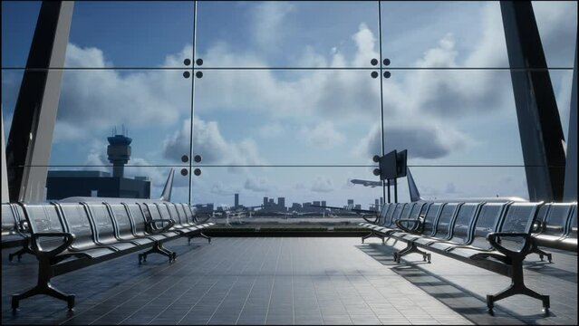 Empty Waiting Room In Airport Terminal. Airplane Landing Outside The Window, 3D Render
