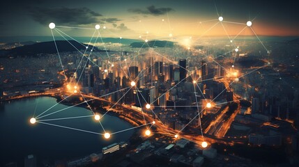 Cityscape of urban connections and business environment with wireless network technologies. Integration of IOT technology and 5G internet in modern cities.
