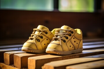 Yellow shoes for children with foot deformities, close up - obrazy, fototapety, plakaty