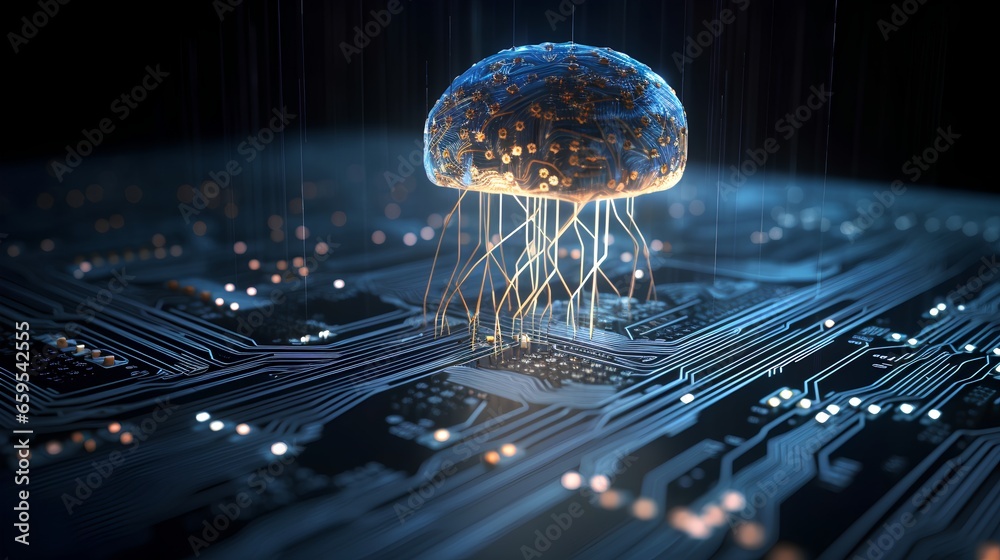 Poster big data and artificial intelligence concept. human brain glowing from processor, symbolizing the fu