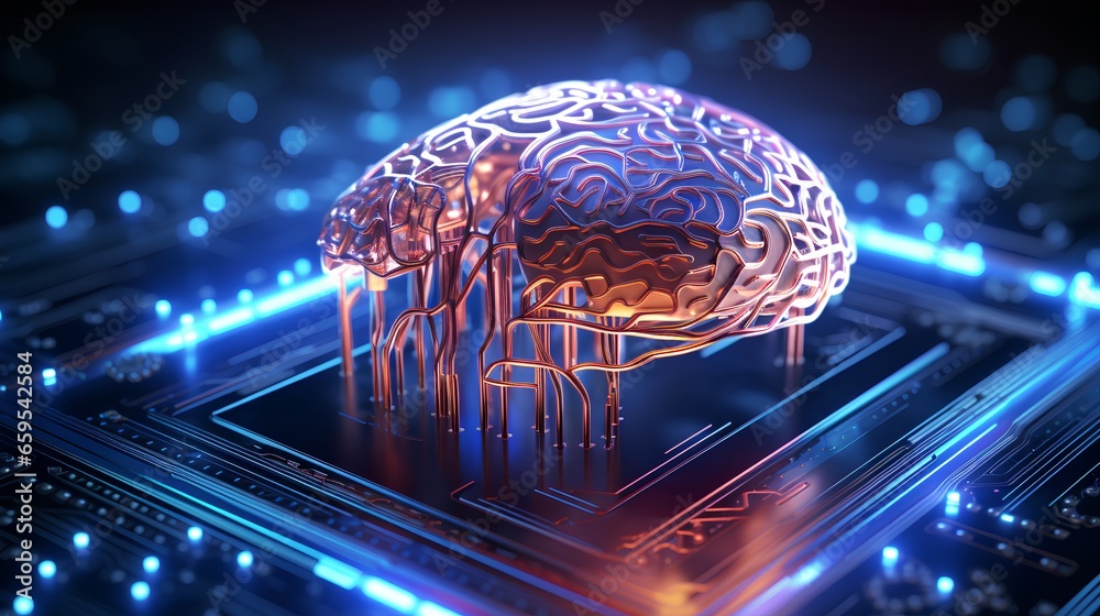 Poster big data and artificial intelligence concept. human brain glowing from processor, symbolizing the fu