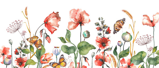 Floral horizontal border with red poppies and butterflies. Watercolor illustration on white background.