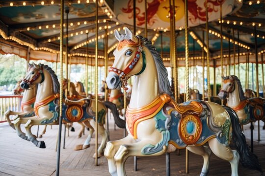 a carousel with wooden horses in amusement park