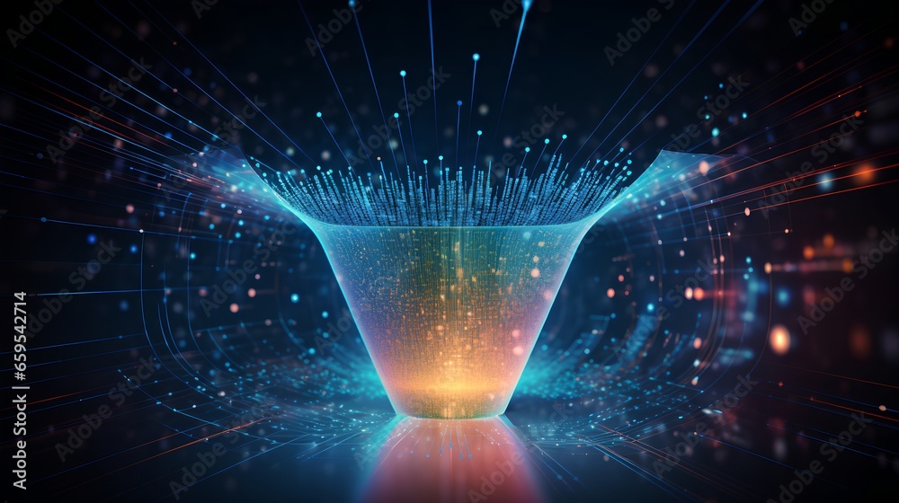 Poster big data technology and information funnel concept. large digital funnel with online data as process