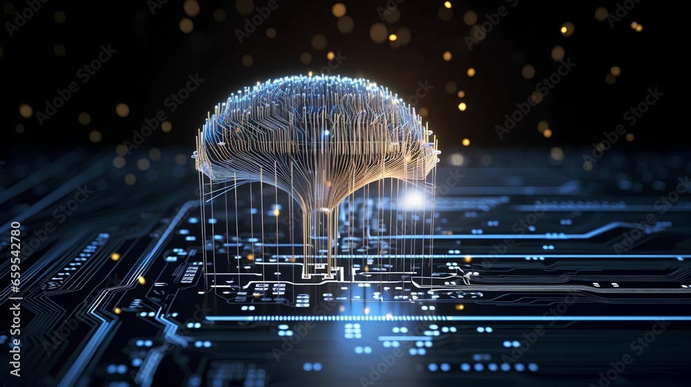Poster big data and artificial intelligence concept. human brain glowing from processor, symbolizing the fu