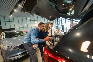 The seller demonstrates the interior of the car to buyers. Caucasian couple chooses a car.
