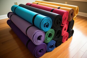 exercise mats rolled and stored vertically - obrazy, fototapety, plakaty