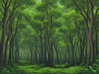 lush forest scene with a dense canopy of trees in various shades of the green tranquility of nature