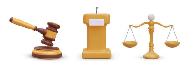 Set of wooden judges gavel, speaker lectern with microphone and golden scale. Legal law, equity and truth concept. Vector illustration with white background in yellow colors