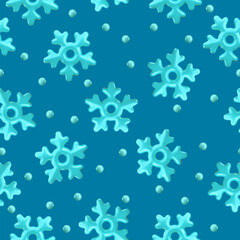 Vector 3d glossy blue snowflake seamless pattern on blue background. Cute Christmas, New year and winter shiny frozen snow background. 3d render snowflakes print for web, decoration, greeting card