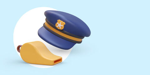 Round blue policeman cap, whistle. Yellow cockade with star. Patrol uniform. Advertising of website, application for citizen complaints. Notification of violation of public order