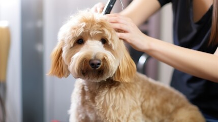 Grooming a fluffy dog in a hair salon for dogs. Beautiful goldendoodle