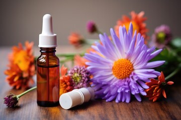 a bloom of flowers accompanied by an antihistamine bottle