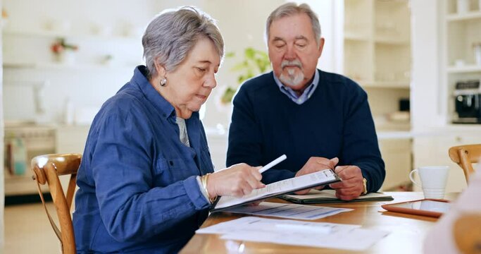 Home, senior couple and documents with savings, retirement and meeting with investment, pension fund and conversation. Worker, elderly man or old woman with paperwork, finance or mortgage in a lounge