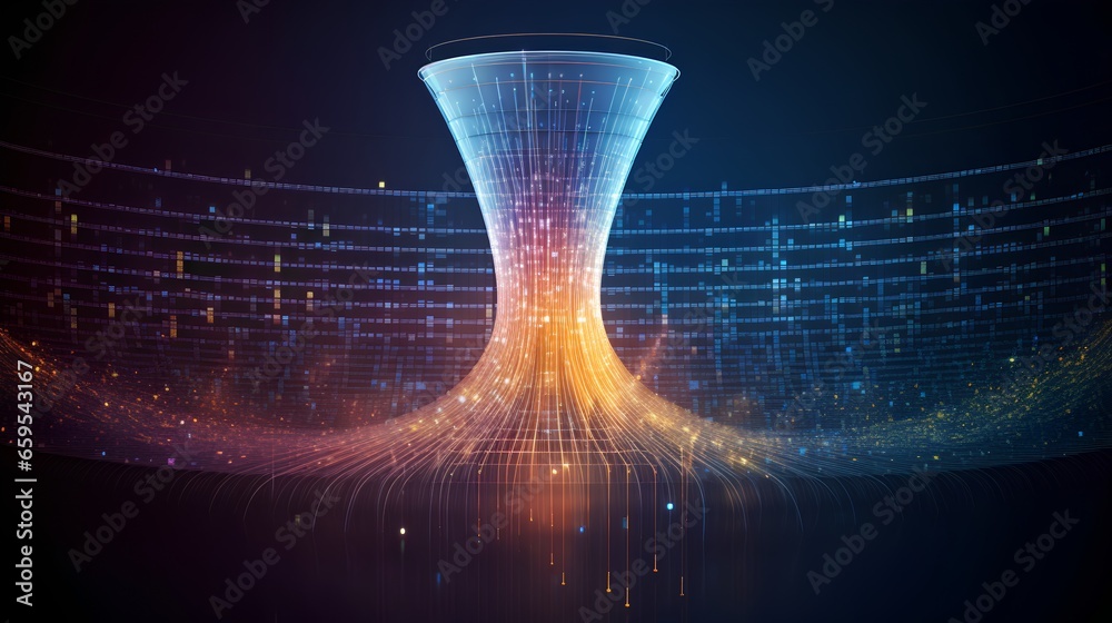 Poster big data technology and information funnel concept. large digital funnel with online data as process