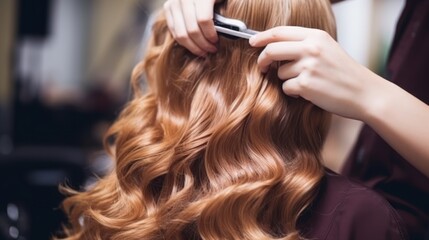 Naklejka premium Hair stylist prepares woman makes curls hairstyle with curling iron. Long light brown natural hair