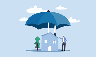 House insurance, home disaster insure coverage or safety or shield for residential building concept, young man house owner with his house under strong cover umbrella. - obrazy, fototapety, plakaty
