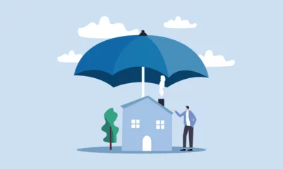 Fotobehang House insurance, home disaster insure coverage or safety or shield for residential building concept, young man house owner with his house under strong cover umbrella. © JS art studio