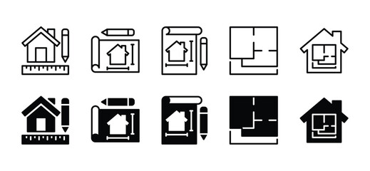 House plan line icon set. Home floor plan icon symbol. Blueprint for office, house, apartment, workspace, residence, real estate. Apps and websites. Vector illustration