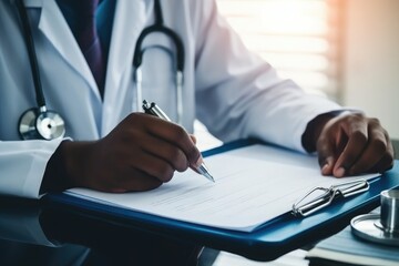 Doctor talking to patient and filling patient history, examination, treatment, medical and health concept.