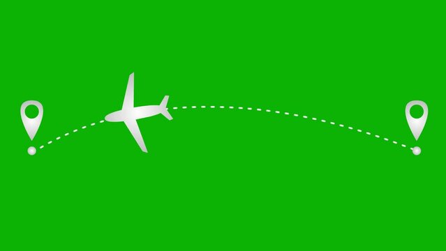 Animated silver the plane flies along a trajectory. Concept of airplane travel. Airplane flies from one place to another. Looped video. Vector illustration isolated on a green background.