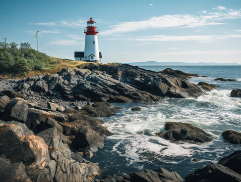 A vintage-style photo of a rocky coastline with a lighthouse standing tall against the waves.