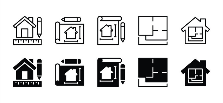 House plan line icon set. Home floor plan icon symbol. Blueprint for office, house, apartment, workspace, residence, real estate. Apps and websites. Vector illustration
