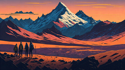 Epic Sunset Ascent Matterhorn Climbers in Modern Flat Design. - obrazy, fototapety, plakaty