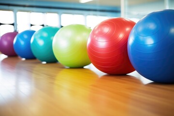 a group of exercise balls in a gym