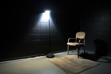 an interrogation room spotlight shining on an empty chair - obrazy, fototapety, plakaty